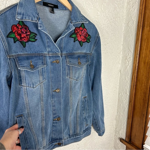 *SOLD*Forever 21 | Oversized Rose Embroidered Patch Denim Jacket - Picture 5 of 13